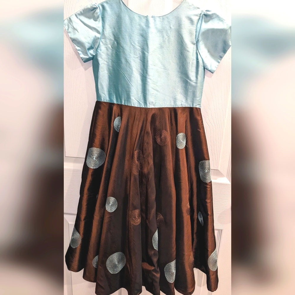 Susanne Lively Neiman Marcus Blue and Brown Dress with Taffeta